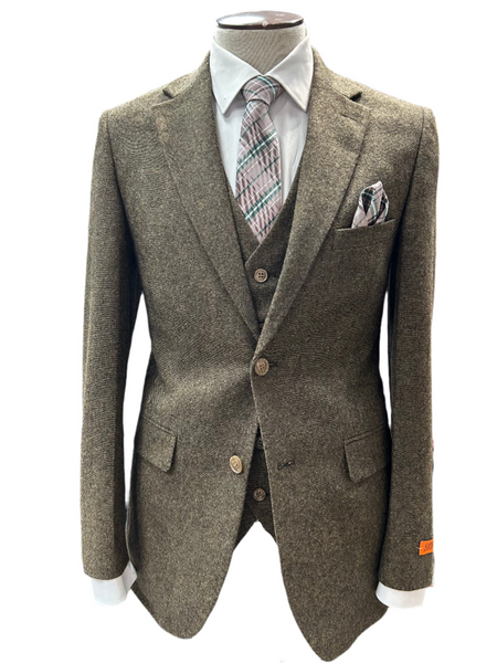 Jofelli Light Brown Modern Fit 3 Piece Tweed Suit